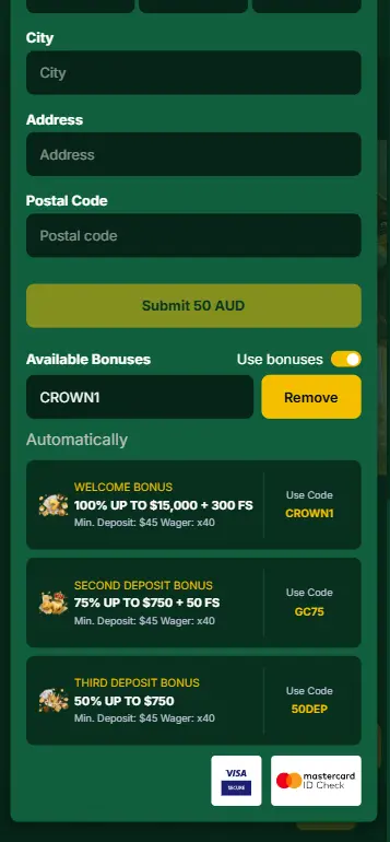 Wolf Treasure aussie casino account showing credited welcome bonus