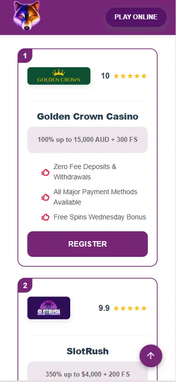 Wolf Treasure casino selection showing Australian-friendly platforms