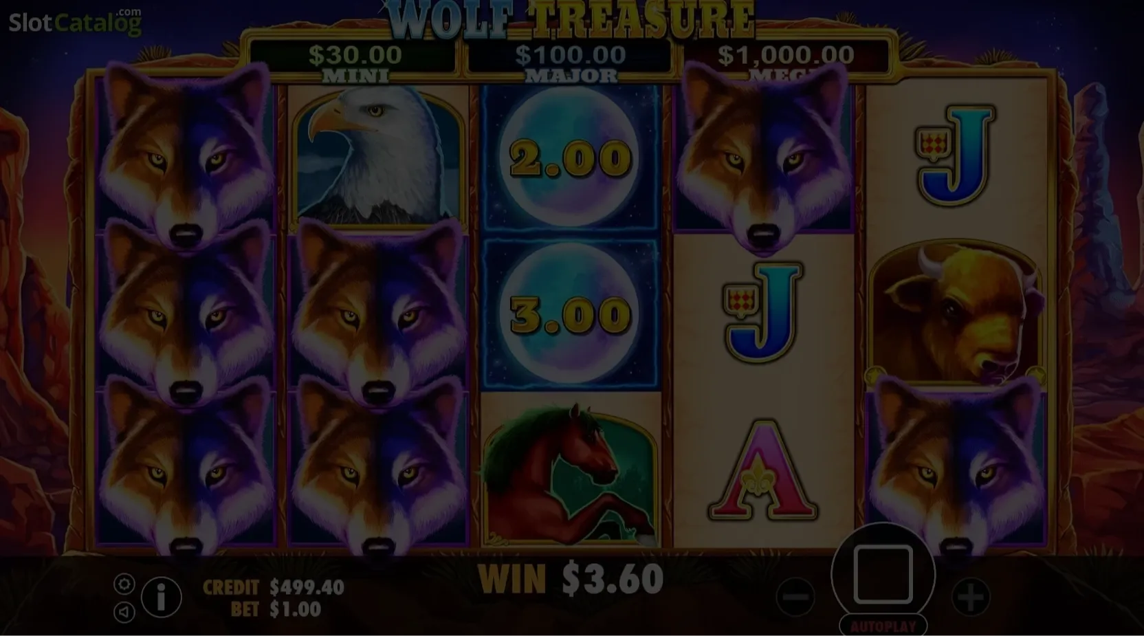 Wolf Treasure Australia demo game window showing wilderness reels with wolf and eagle symbols