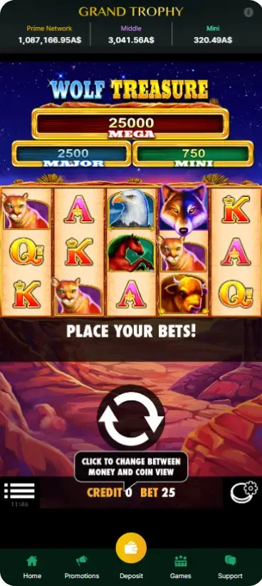 Play Wolf Treasure on mobile device showing full game interface on smartphone screen