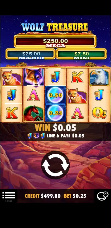 Wolf Treasure pokie paytable view displaying symbol values and jackpot tiers