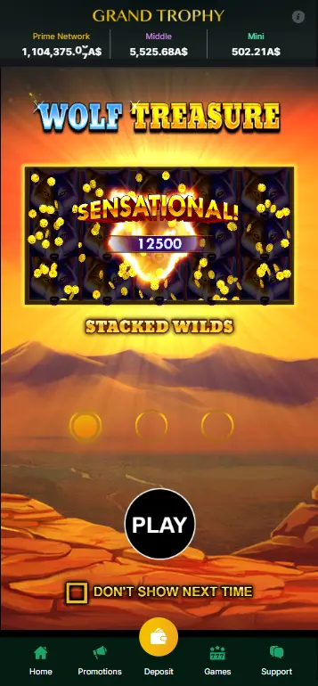 Wolf Treasure casino active gameplay with reels spinning